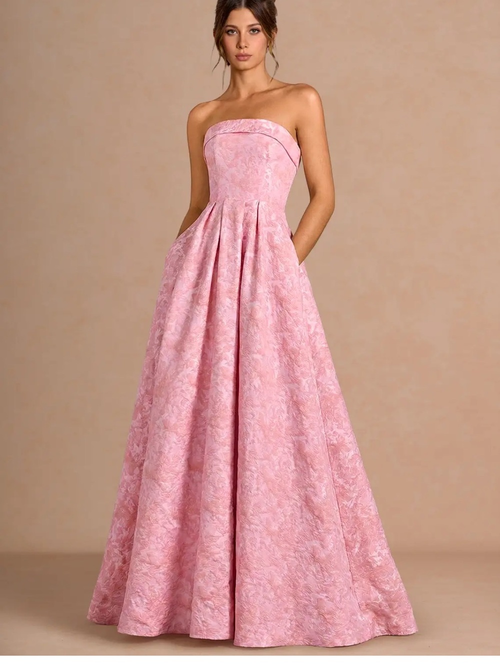 Beautiful Strapless Pink Floral Jacquard Dress